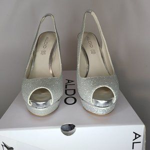 Brand New Womens Aldo Mesiano Silver Glitter High Heels Shoes Sz 8M